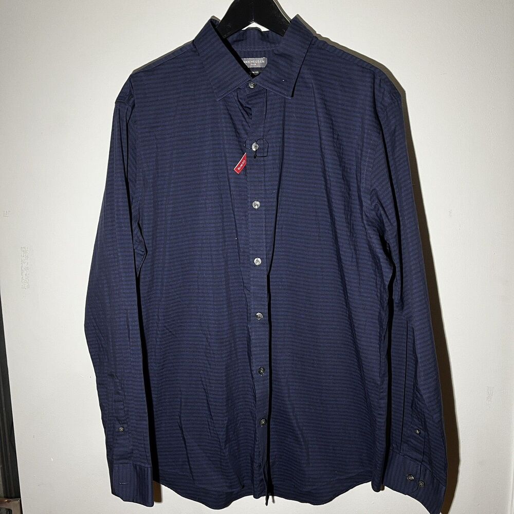 Van Heusen Men's L Blue stripes Dress Shirt Long Sleeve  Slim Fit/Stretch 16.5